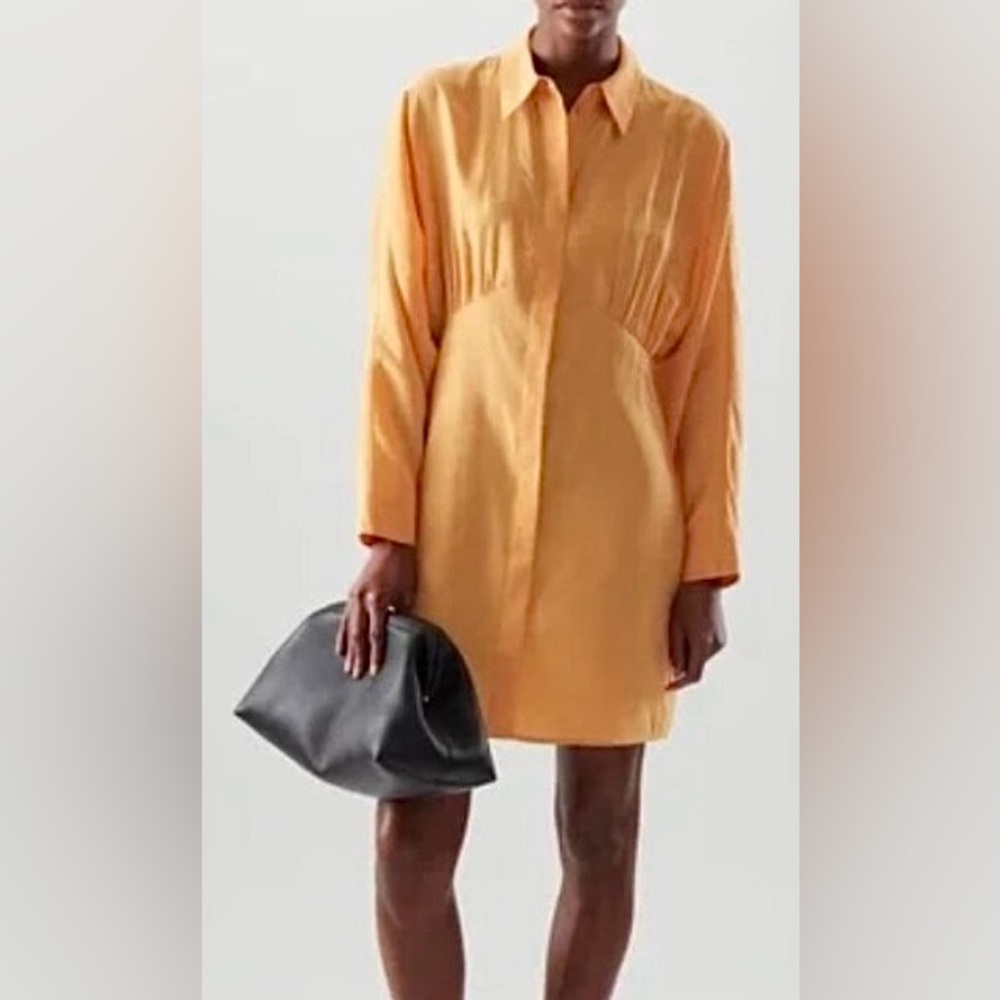 COS Gathered Shirt Dress Modal button front long sleeve Orange Sz. EU 34 = US XS